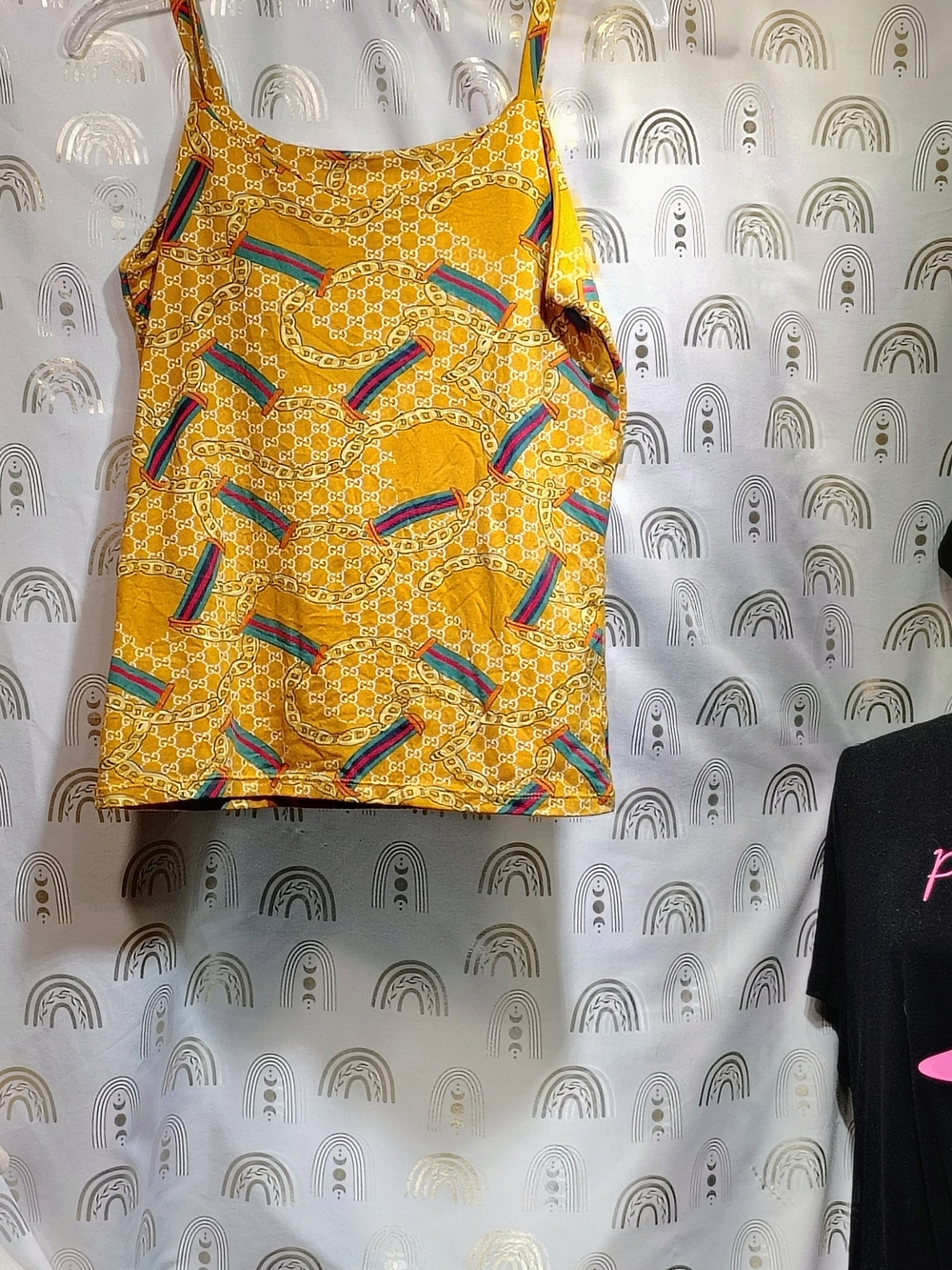 Yellow Patterned Women's Tank Top with Rainbow Accent